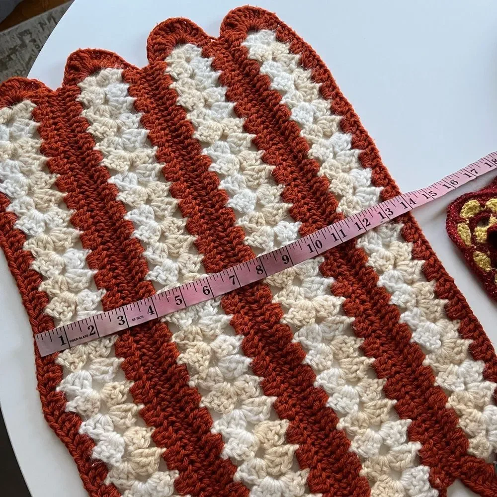 Vintage Handmade Crochet Set of 2 Red Gold Orange Cream Scallop Panels Decor